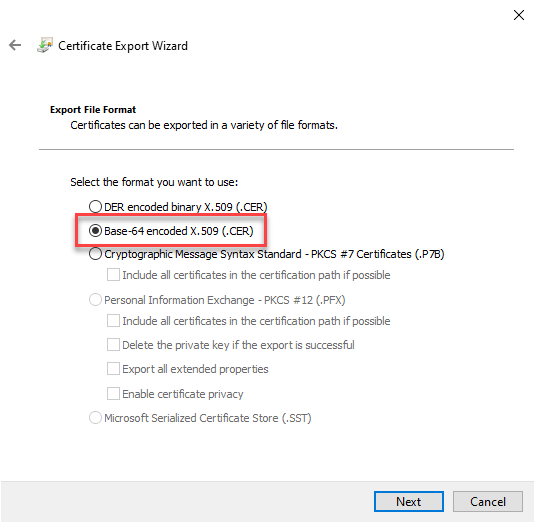 Certificate Export Wizard - Select CER format